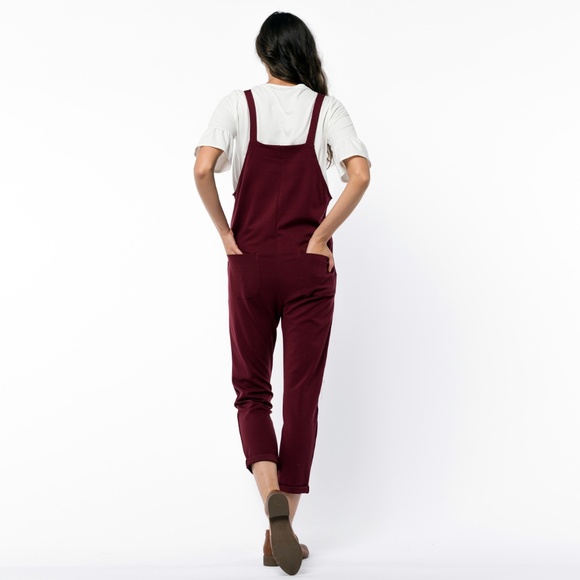 Burgundy Knotted Cropped Overalls w/Pockets - Picture 3 of 4